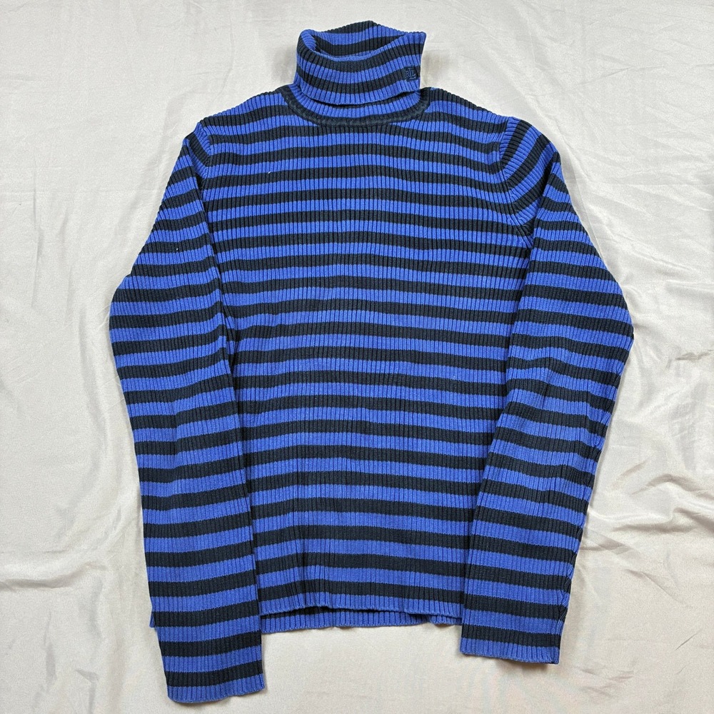 Lauren Ralph Lauren Turtleneck Sweater Medium Blue Black Striped Ribbed Cotton